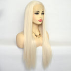 Voguequeen Platinum Blonde Synthetic Lace Front Wigs Silky Straight Heat Resistant Fiber Daily Wear For Women