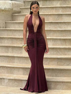 Deep V Neck Draped Ruched Sexy Maxi Dress Women Summer Fashion Halter Sleeveless Backless Club Party Long Dress Elegant BM98