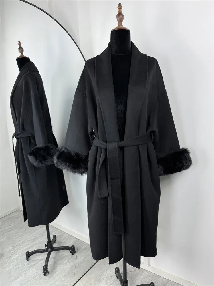 Elegant Lace Up Woolen Short Coat Solid Loose Lapel Furry Belt Long Sleeve Jacket Female 2025 Autumn Winter Lady Chic Cardigan