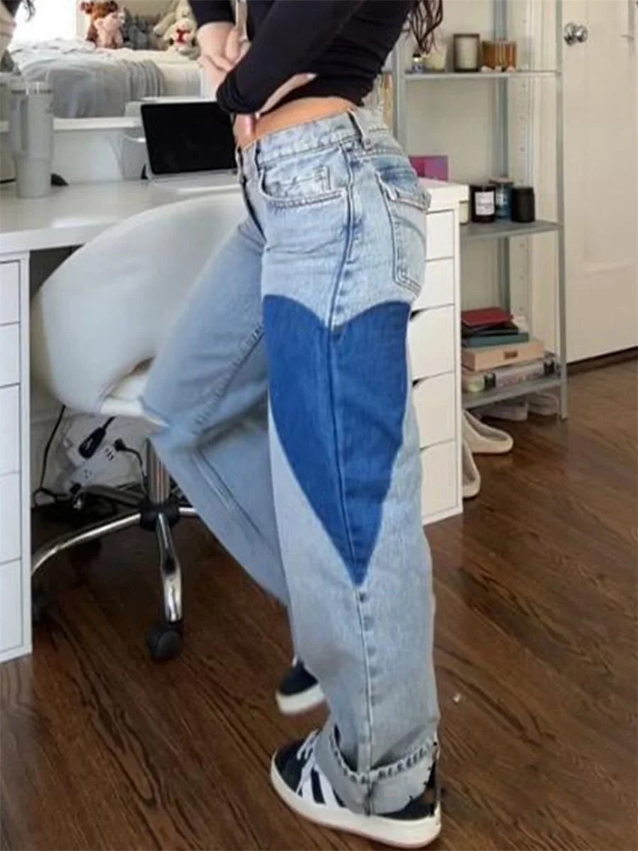 Combhasaki Womens Y2K Ripped Wide-Leg Jeans Heart Shaped Print Loose Fit Trousers Button Low Waist Denim Long Pants with Pockets