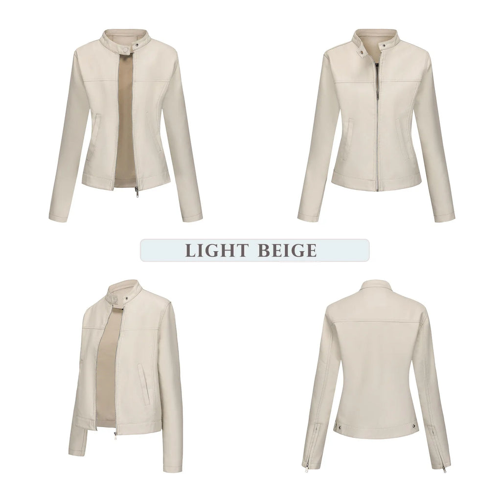 Black Women's Fitted Leather Jacket with Front Zipper & Side Pockets‌, Available in Brown, Navy Blue, and Beige.