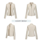 Black Women's Fitted Leather Jacket with Front Zipper & Side Pockets‌, Available in Brown, Navy Blue, and Beige.