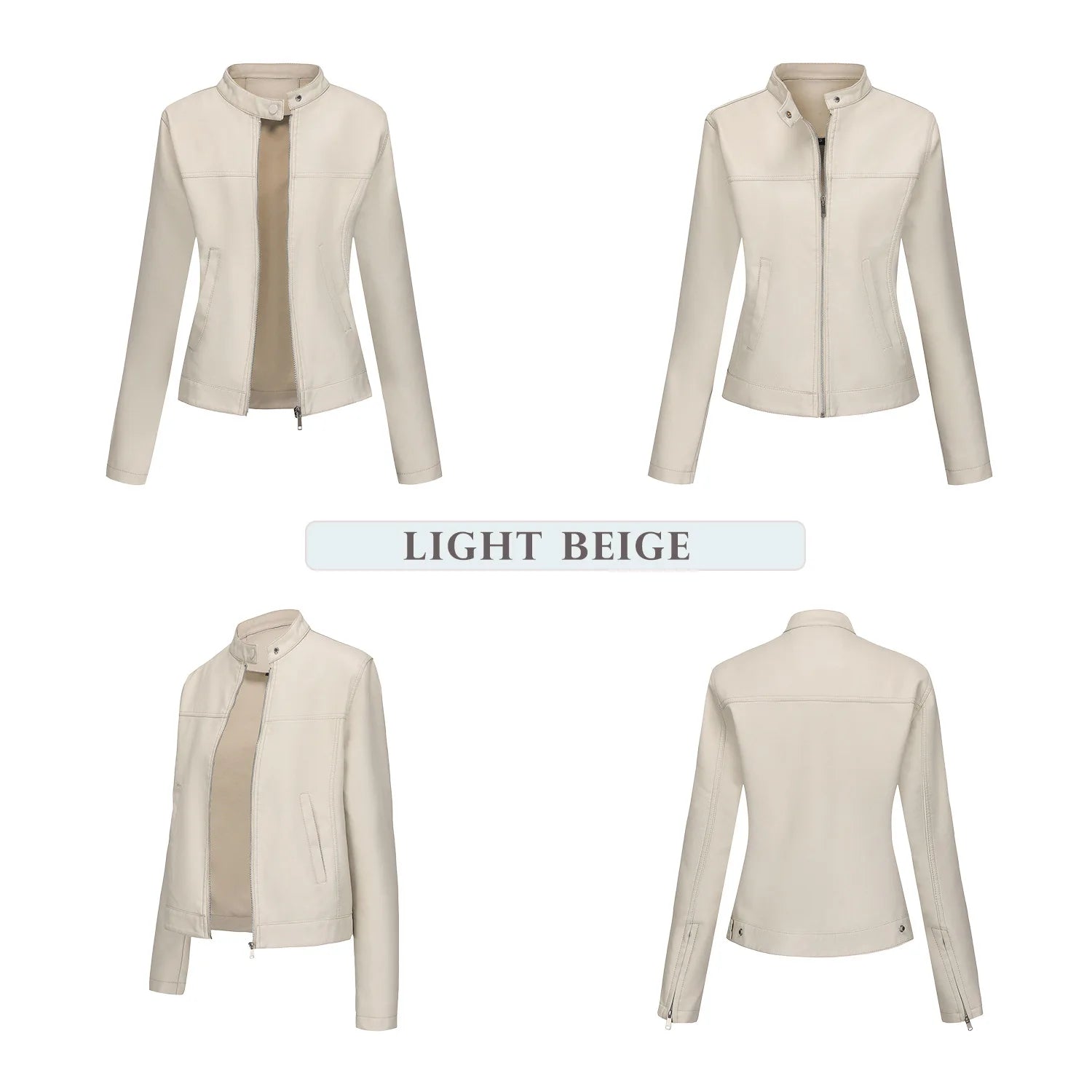 Black Women's Fitted Leather Jacket with Front Zipper & Side Pockets‌, Available in Brown, Navy Blue, and Beige.