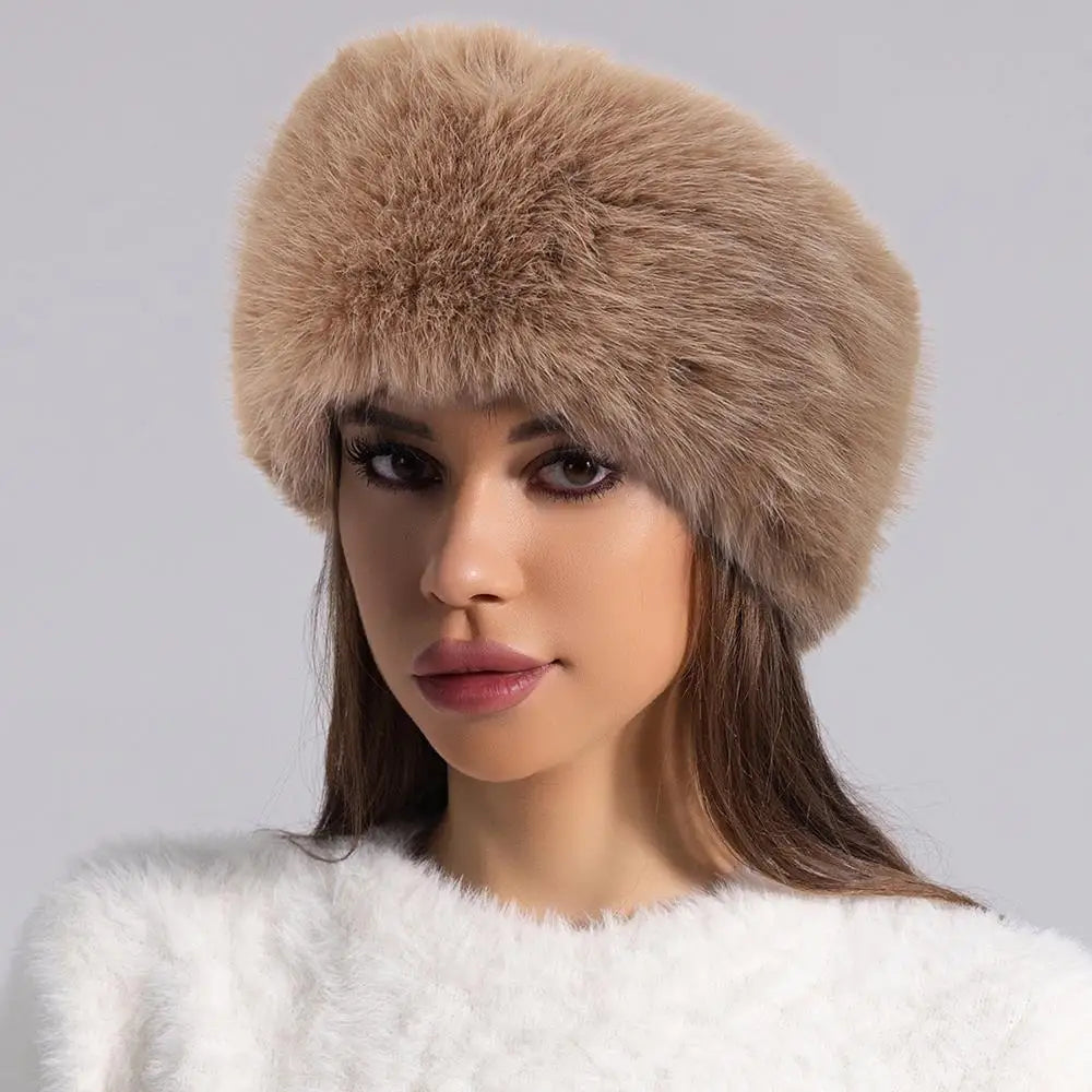 Winter Lmitation Fur Thickened Fluffy Headband Plush Solid Color Headwear Outdoor Windproof Ear Warmer Head Cover Ski Cap