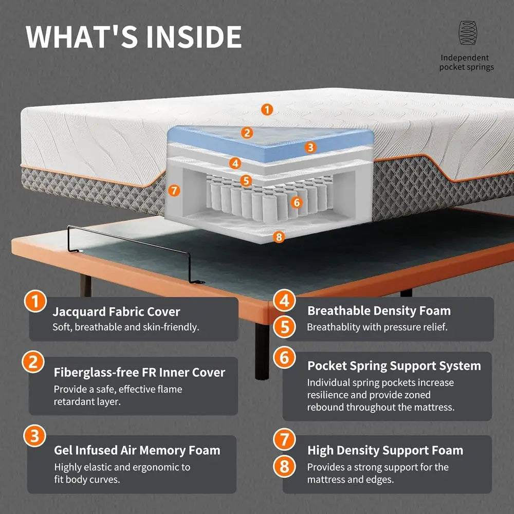 Adjustable Twin XL Hybrid Mattress - Luxury Gel Memory Foam with 319 Pocket Springs, Massage, Wireless Remote, USB Port, Under B
