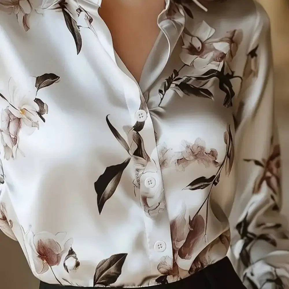 Elegant Intellectual Women's Satin Floral Print Shirt | Soft & Smooth V-Neck Long-Sleeve Button Formal Top for Spring Main image