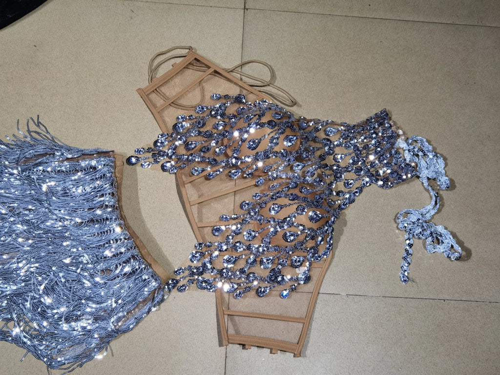 Luxurious Blue Diamond Sparkling Tassel Jazz Dance Performance Clothing Basketball Baby Performance Clothing Cheerleading Short