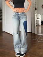 Combhasaki Womens Y2K Ripped Wide-Leg Jeans Heart Shaped Print Loose Fit Trousers Button Low Waist Denim Long Pants with Pockets