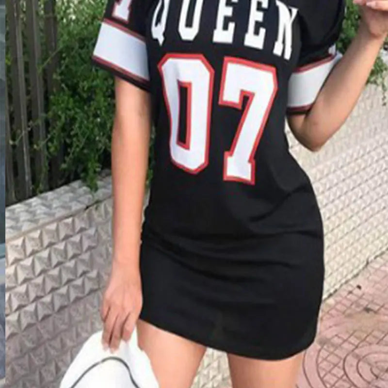 Fashion V-Neck Queen Letters Print Dress Short Sleeve Basketball Sporty Style Sexy Loose Female Clothing Streetwear Loungewear Secondary image