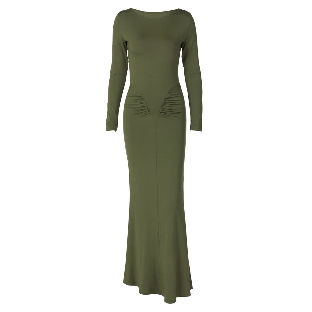 Hugcitar Autumn Solid Long Sleeve Draped Sexy Bodycon Maxi Prom Dress Women Fashion Y2K Outfits Evening Party Festival Club