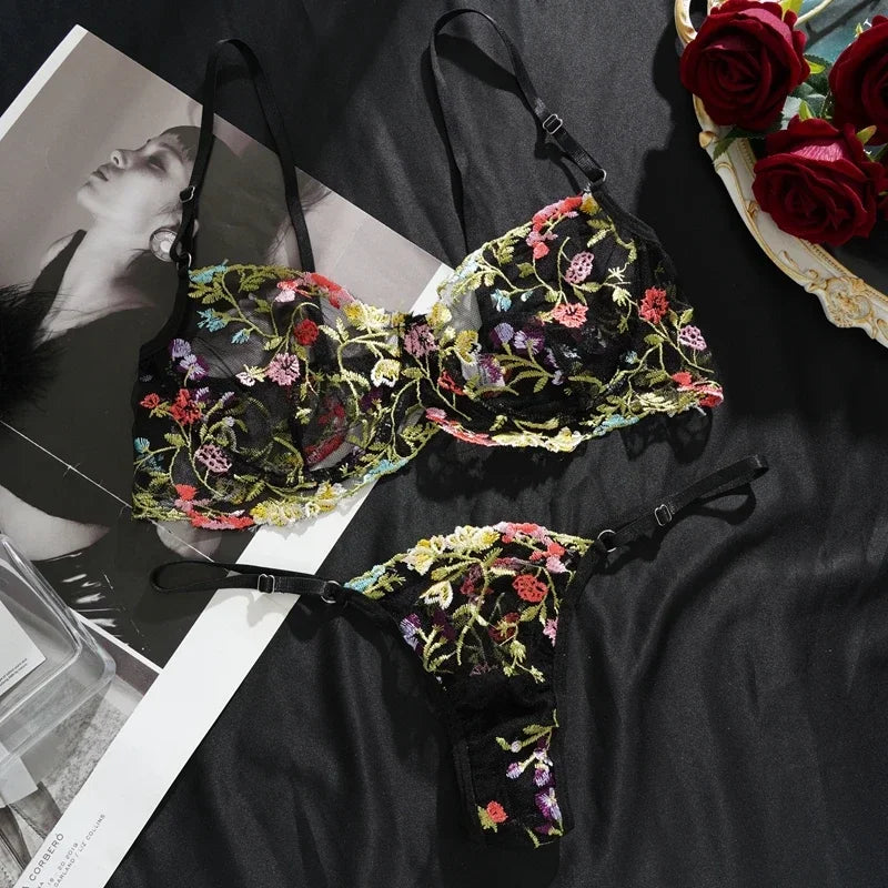 Floral Embroidery Lace Bras Set Women Sheer 2-Piece Sexy Bra + Panties Lingerie Fashion Underwear Set Intimates