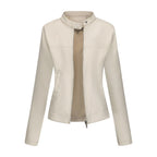 Black Women's Fitted Leather Jacket with Front Zipper & Side Pockets‌, Available in Brown, Navy Blue, and Beige.