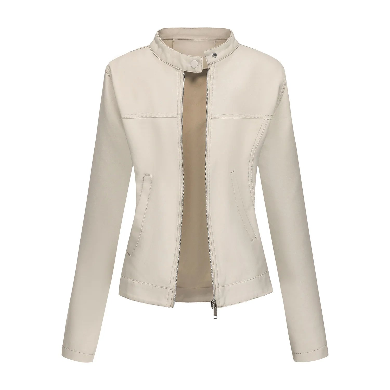 Black Women's Fitted Leather Jacket with Front Zipper & Side Pockets‌, Available in Brown, Navy Blue, and Beige.