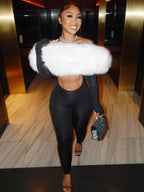 Kliou Furry Patchwork Slash Neck Jumpsuits Woman Autumn Trend Sexy Hollow Navel Exposed Skinny Peach Hip Hottie Fashion Clubwear