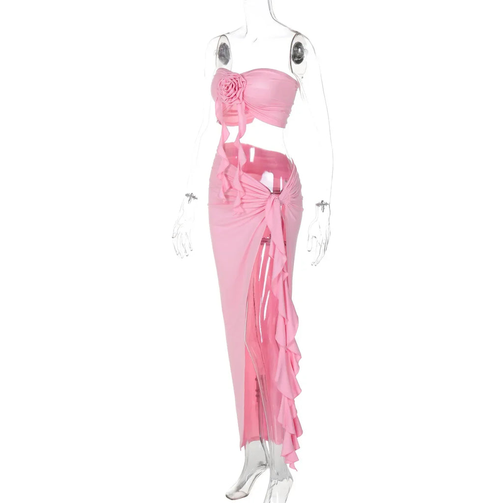 Women's Elegant Two Pieces Dresses Suits Flower Corset Top and High Slit Long Skirts Matching Sets Red Pink Vacation Outfit & 2026