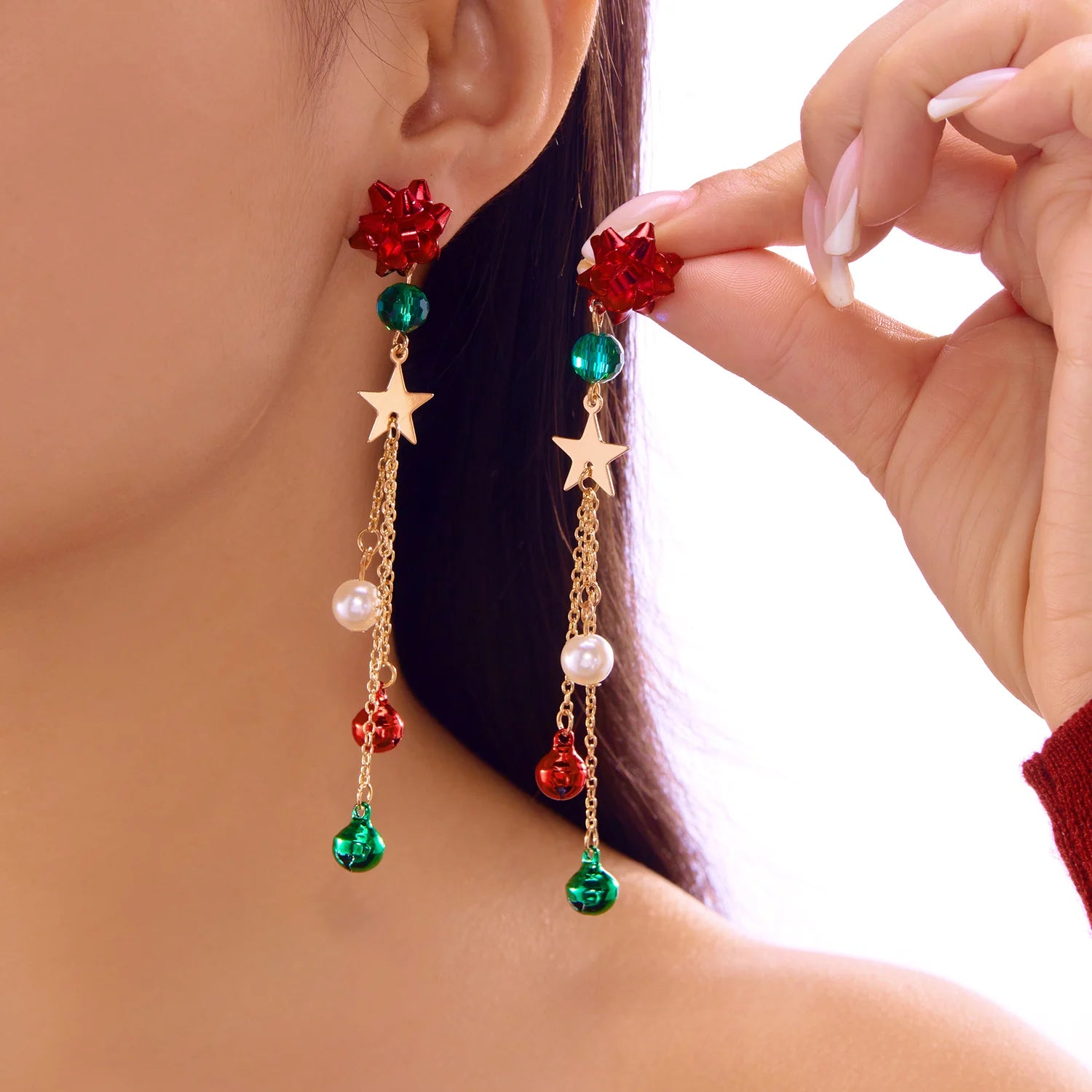 Merry Christmas Pearl Flower Star Bell Long Tassel Dangle Earrings for Women Shiny Crystal Zircon Snowflake Earring Girl Jewelry Main image
