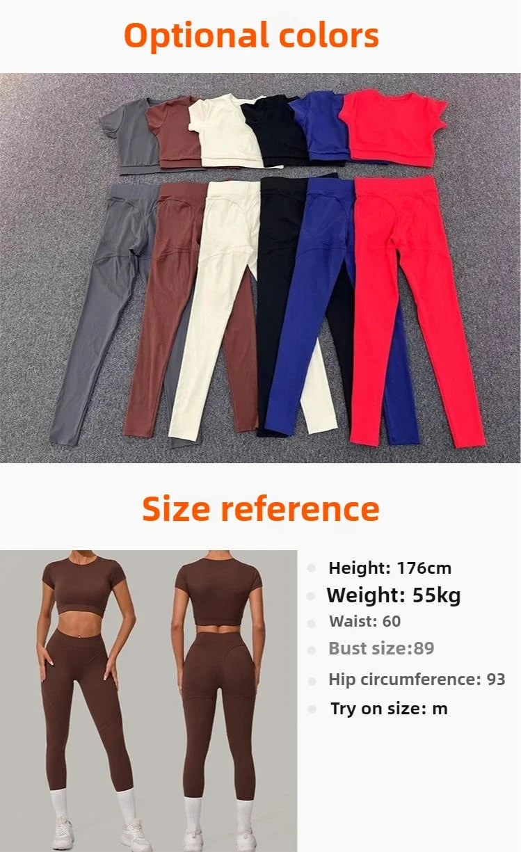 Gym Workout Yoga Fitness Sports Suit Short-sleeved Top Padded-free High-waisted Hip-lifting Trousers Outdoors Leisure Sportswear