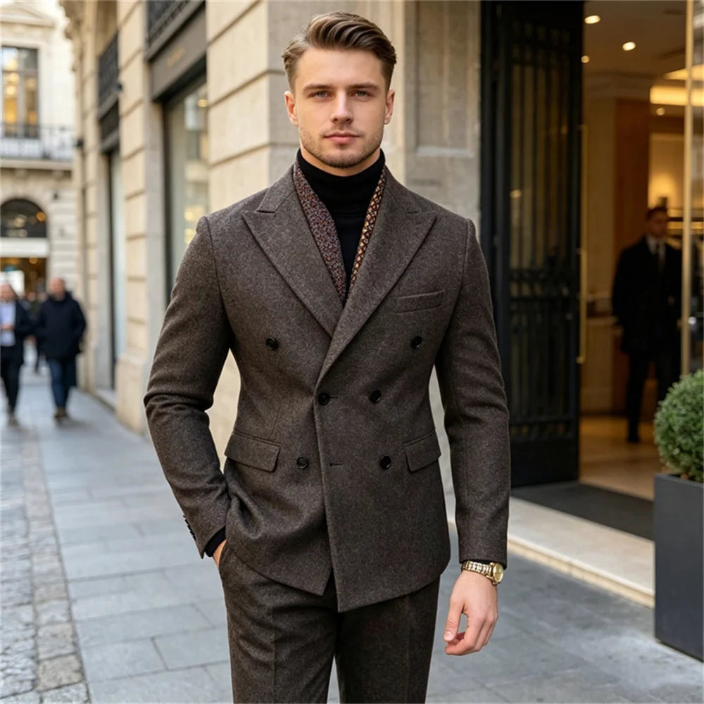 Wool Blend Men's 2 Piece Suit Set（Jacket+Pants) Double Breasted Lapel Suit Set Wedding Prom Dinner Wrok Travel Dinner Banquet