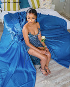EVLAST Customized Blue Mermaid Prom Dress Pearls Beaded High Slit Detachable Train Evening Gown For Special Occasion E3P386