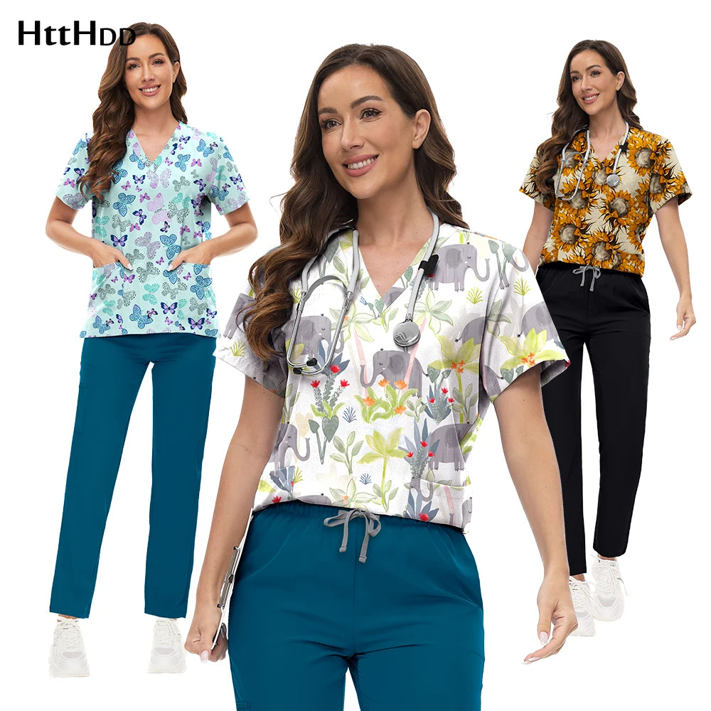 Scrubs Uniforms Sets High-quality Medical Scrub Multicolor Animal Printed Women Scrub Tops Medical Scrubs Uniform Nurse Lab Wear Main image