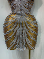Women Sexy Strapless Rhinestones  Mini Dress Performance Costume See Through Stage Dancer Club Evening Party Birthday Dress