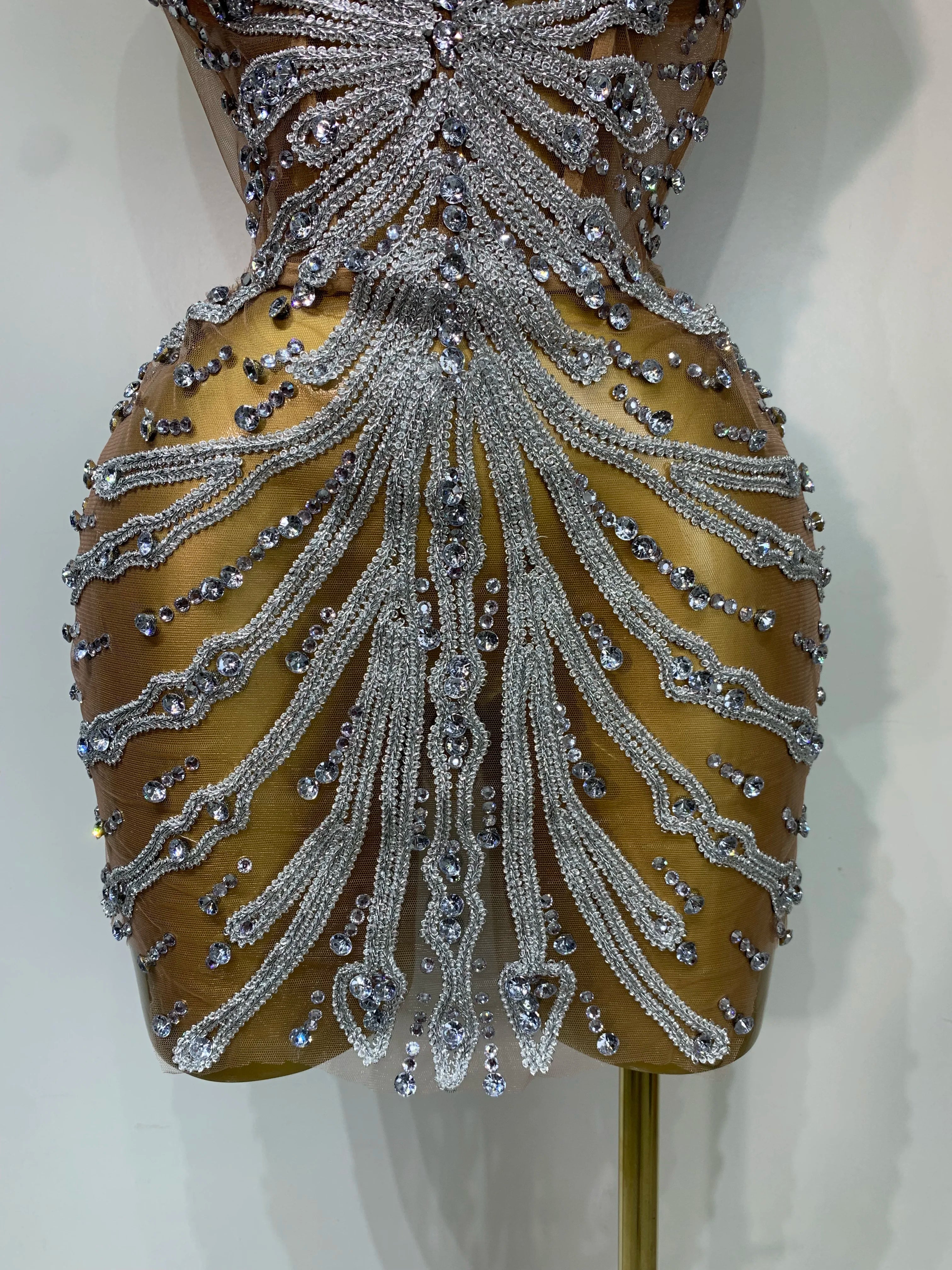 Women Sexy Strapless Rhinestones  Mini Dress Performance Costume See Through Stage Dancer Club Evening Party Birthday Dress