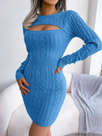 VigoCasey 2026 Blue Casual Short Knit Dress Autumn Winter Women Long Sleeve Dress Sexy Lady Solid Hollow Bodycon Knitted Dresses