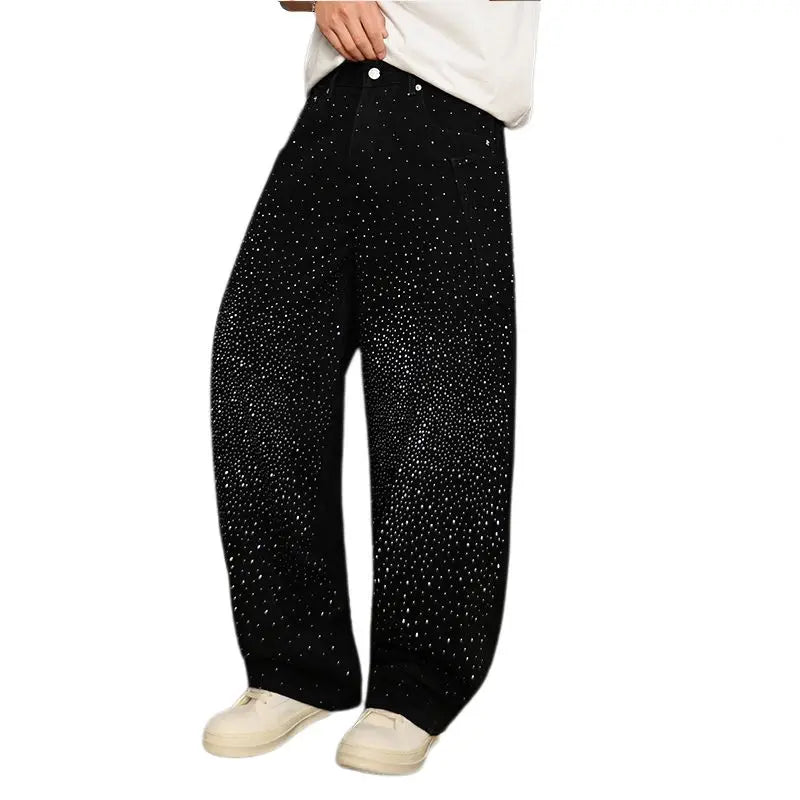 Spring/Summer Rhinestone Straight Leg Jeans Retro Loose Fit Slimming Pants Casual Korean Style Long Pants
