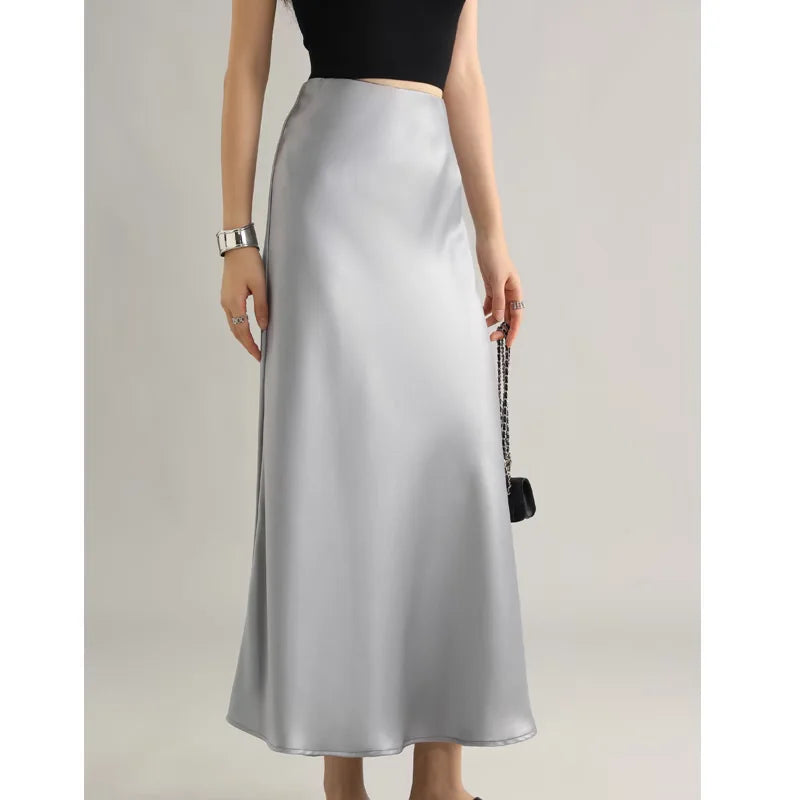 Women's Satin Skirt High Waist Elegant Midi A-line Skirt Lady's Summer Solid Champagne Vintage Silk Long Skirts for Women 2026