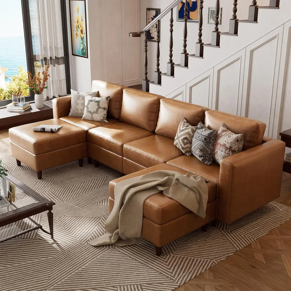 Oversized Modular Sectional Sofa, 118.5" Faux Leather 6 Seater U Shaped Couch with Movable Ottoman and Storage Seat