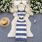 Lady New Stripes Ins Fashion Sexy Package Hips Bodycon Dress  Summer Knitted Spaghetti Straps Outfits Maxi Long Women Dress