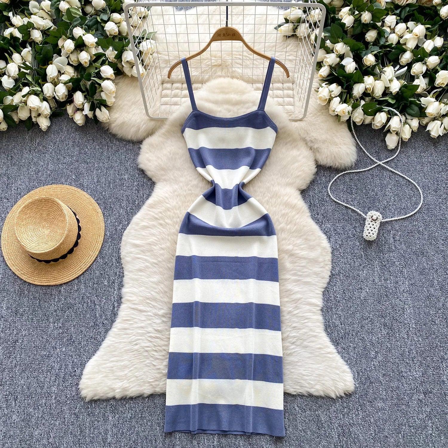 Lady New Stripes Ins Fashion Sexy Package Hips Bodycon Dress  Summer Knitted Spaghetti Straps Outfits Maxi Long Women Dress