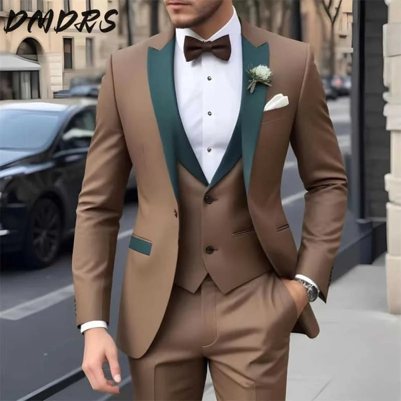 Elegant Brown Men's Suit Jacket Pants Three-Piece Set Classic Business Men Striped Suit Groom Wedding Buckle suit Main image