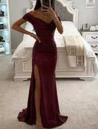 Women's S-XL Size New Party Sequins One line Neck Split Dress INS Casual Versatile Fashionable Charming Slimming Dress for Women