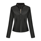 Black Women's Fitted Leather Jacket with Front Zipper & Side Pockets‌, Available in Brown, Navy Blue, and Beige.