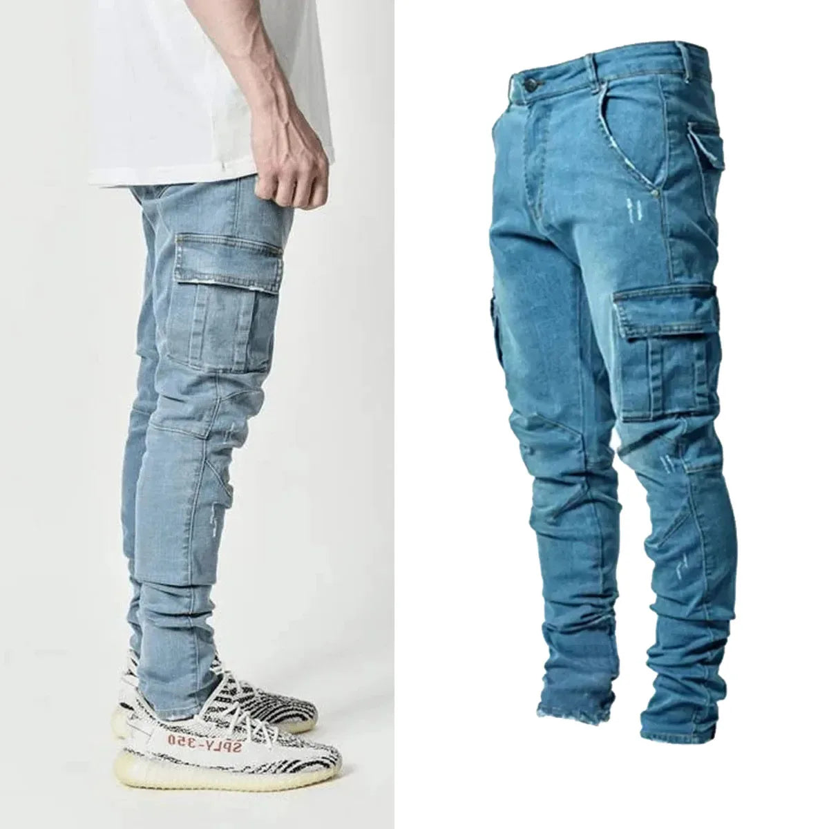 Men Street Elastic Denim Jeans Wash Solid Color Multi Pockets Cargo Pants Casual Slim Fit Daily Wear Joggers Mid Waist Trousers Secondary image