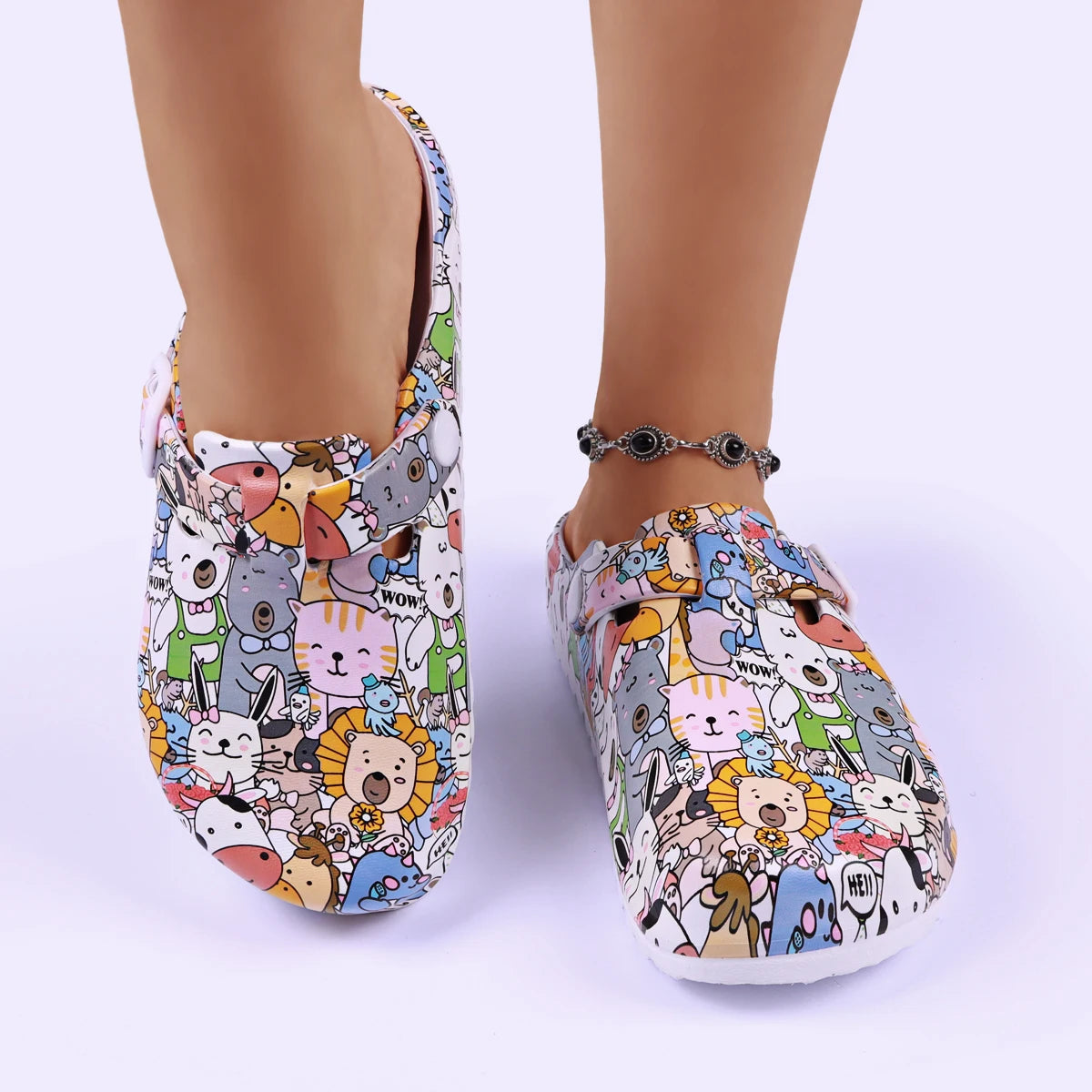 Women Flat Indoor Slippers Printing Soft EVA Soles Adjustable Strap Easy-On Nurse Shoes Comfortable Work Clog Shoes For Women