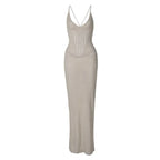 Fashion Solid V Neck Slim Fit Knit Maxi Dress Elegant Hollow Out Lace Up Backless Gown New Lady Summer Vacation Beach Vestidos