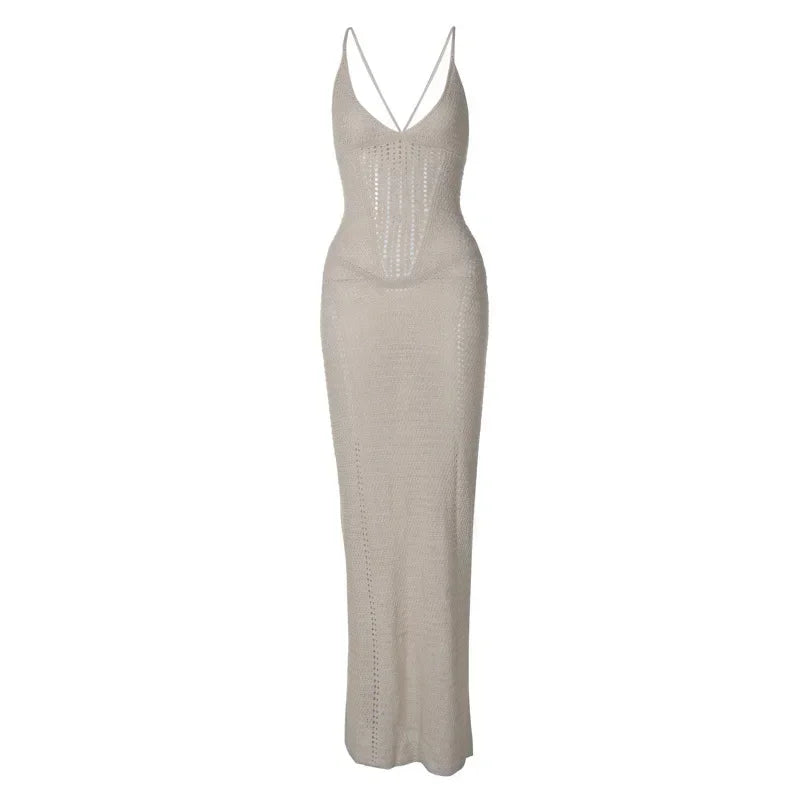 Fashion Solid V Neck Slim Fit Knit Maxi Dress Elegant Hollow Out Lace Up Backless Gown New Lady Summer Vacation Beach Vestidos