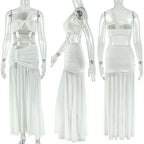 Mesh Ruched Sexy Club Outfits Woman 2026 Birthday Strapless Crop Top and High Split Long Skirt 2 Piece Set Conjuntos Femininos