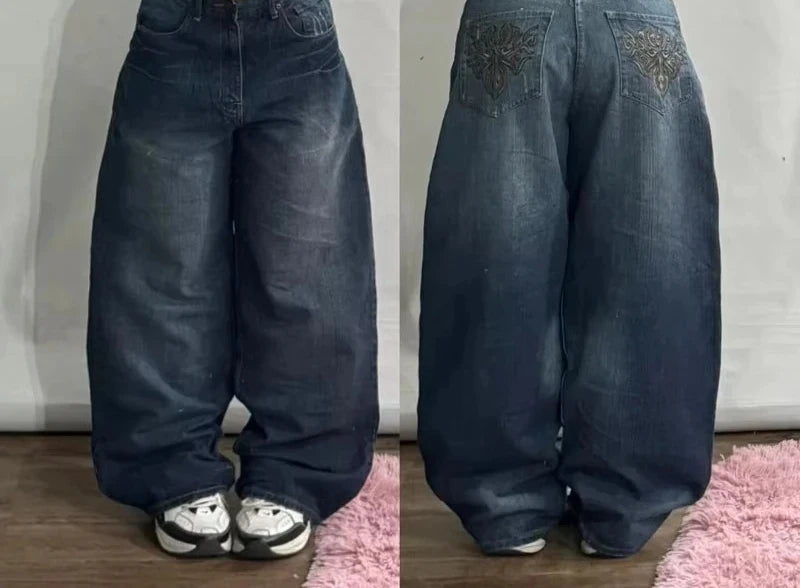 Street Vintage Jeans New Y2K Harajuku Wash Blue Multiple pockets Baggy Jeans Denim Pants Mens Womens High Waist Wide Trousers