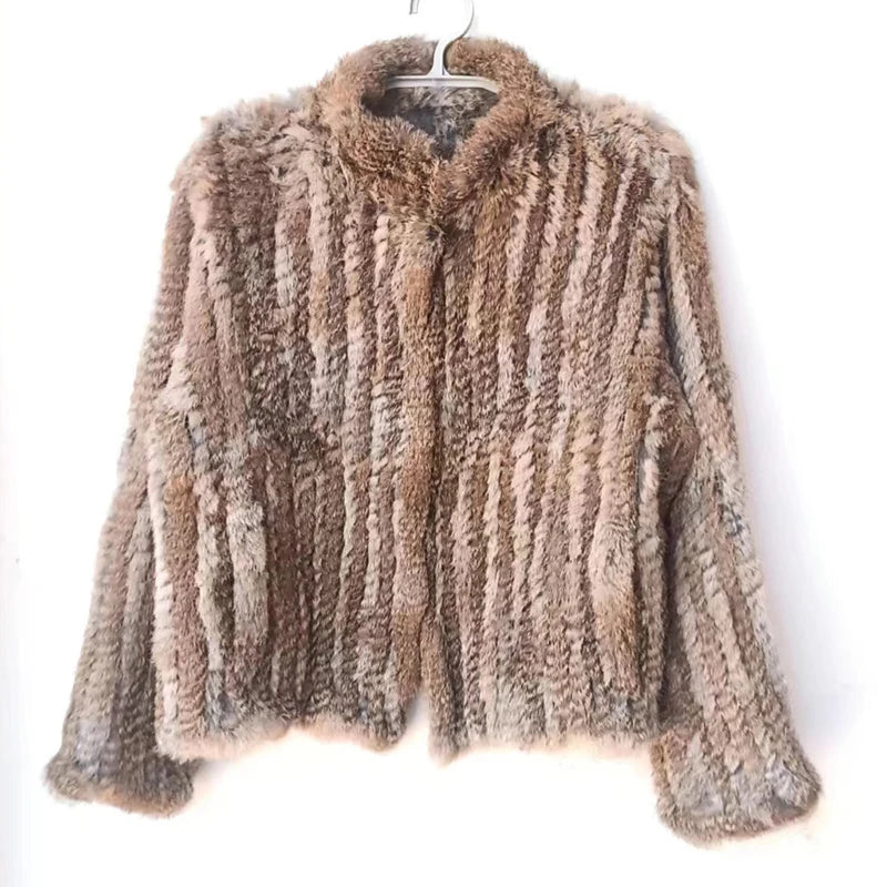 Women Winter Real Rabbit Fur Knitted Coat Female Casual Long Sleeve Genuine Fur Jacket Warm Thick Outwear Femme