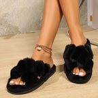 Women's Suede Fur Cross Slippers for Autumn Winter Home Use Thick Soled Non-Slip Slippers Comfortable Warm