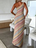 Color Blocked Knitted Long Dress Women Elegant Off Shoulder Corset High Split Vestidos 2026 Lady Daily Beach Vacation Wear New