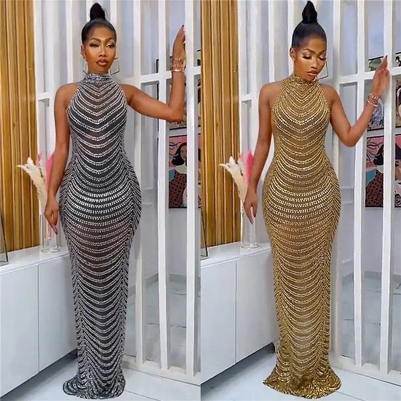 Sparkly Crystal Rhinestone Bodycon Maxi Dress Women Wedding Evening Backless Mesh See Through Night Party Club Birthday Dress