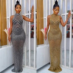 Sparkly Crystal Rhinestone Bodycon Maxi Dress Women Wedding Evening Backless Mesh See Through Night Party Club Birthday Dress