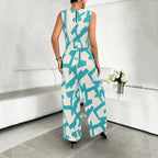 Summer Fashion Vacation Style Jumpsuits for Women Casual V Neck Sleeveless Color Blocking Lace Up High Waist Wide Leg Jumpsuit