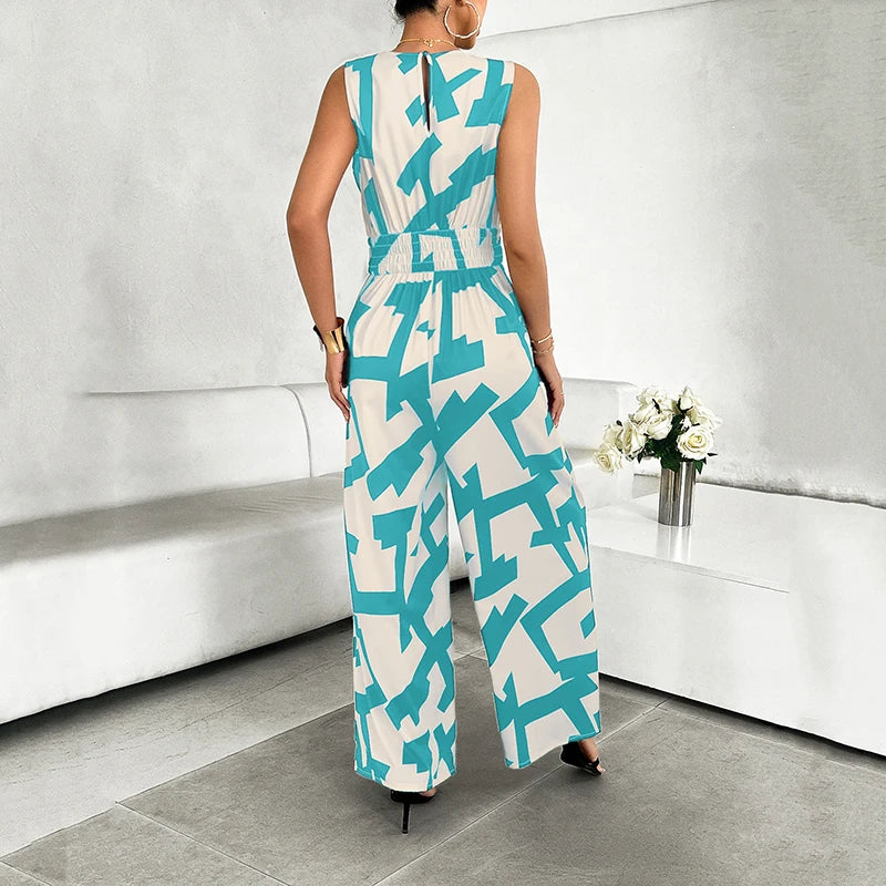 Summer Fashion Vacation Style Jumpsuits for Women Casual V Neck Sleeveless Color Blocking Lace Up High Waist Wide Leg Jumpsuit
