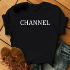 100% pure cotton summer loose-fitting CHANNEL letter print casual fitted round-neck short-sleeve t-shirt top