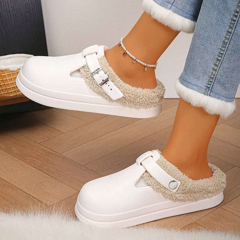 Winter Warm Fluffy Clogs Slippers Women Eva Waterproof Non Slip Home Slides Woman Lightweight Soft Sole Fuzzy Cotton Slippers